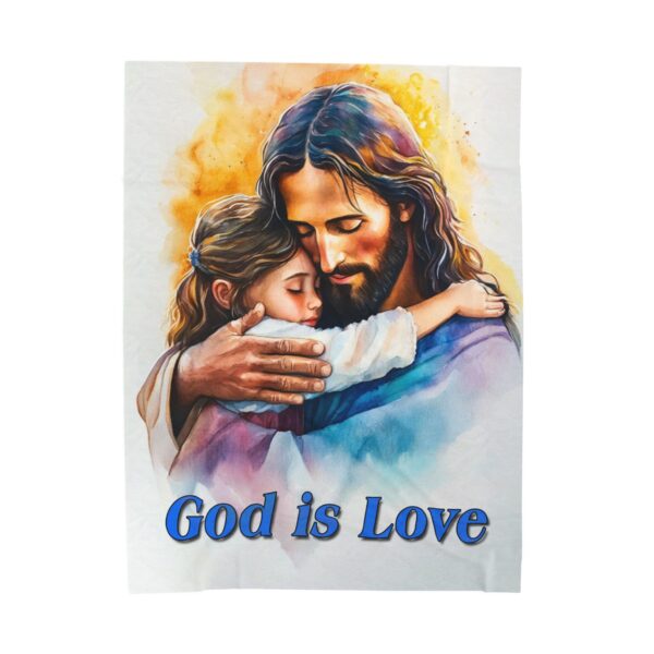 Our "God is Love" series with Jesus hugging a little girl! Inspirational Velveteen Plush Throw Blanket. Cozy Faith Home Decor Bedding - Image 2