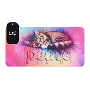 LED + Wireless Charger Gaming Mouse Pad with "Peace" 'colorful sleeping cat' Design, Gaming Desk Accessory, Tech Gift, Home Office Gamer Essentials