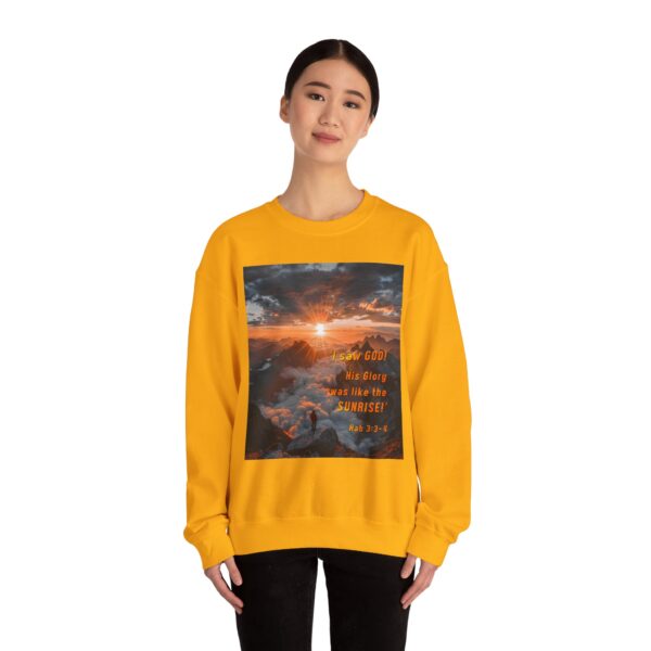 Crewneck Sweatshirt-with our inspirational "His splendor was like the sunrise" design with a quote from Habakkuk 3:3-4!Vintage Inspired Faith Apparel, Gospel Fashion Unisex Heavy - Image 14
