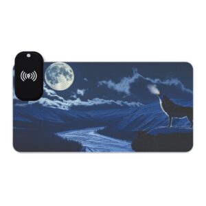 LED + Wireless Charger Gaming Mouse Pad with 'Wolf Moon' Design, Gaming Desk Accessory Tech Gift Home Office Gamer Essentials