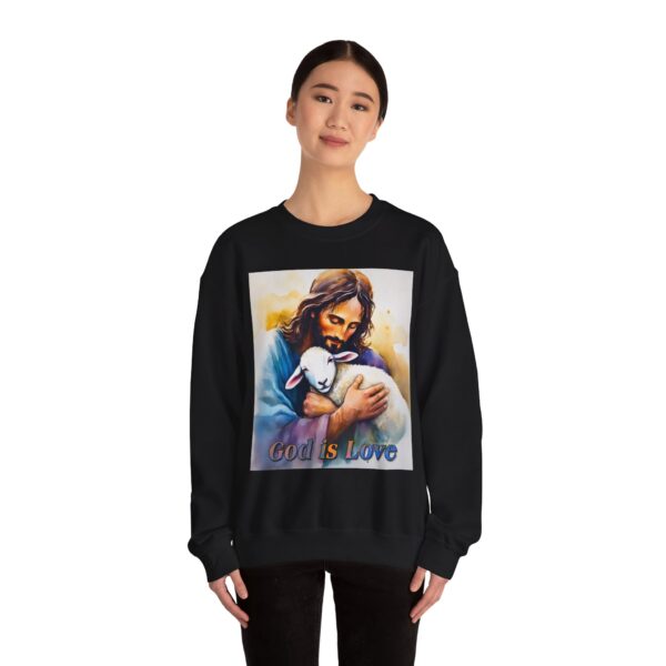 Crewneck Sweatshirt with our "God is Love" series with Jesus hugging a baby lamb! Inspirational Biblical, Vintage Inspired Heavy Sweatshirt, Gift - Image 4