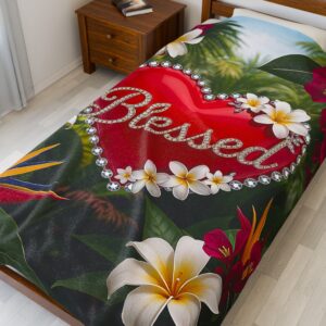 Our Beautiful "Blessed" 'Solid Red Heart' Design Velveteen Plush Throw Blanket, Cozy Gift for Anniversary, Home Decor Bedding