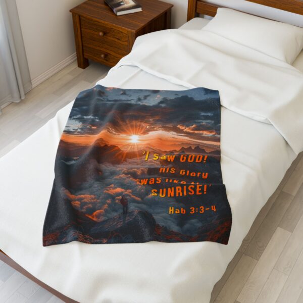 Our "God's Radiance was like the Sunrise" inspirational design with Hab 3:3-4, Velveteen Plush Throw Blanket. A Cozy Gift or Faith Home Decor Bedding - Image 11