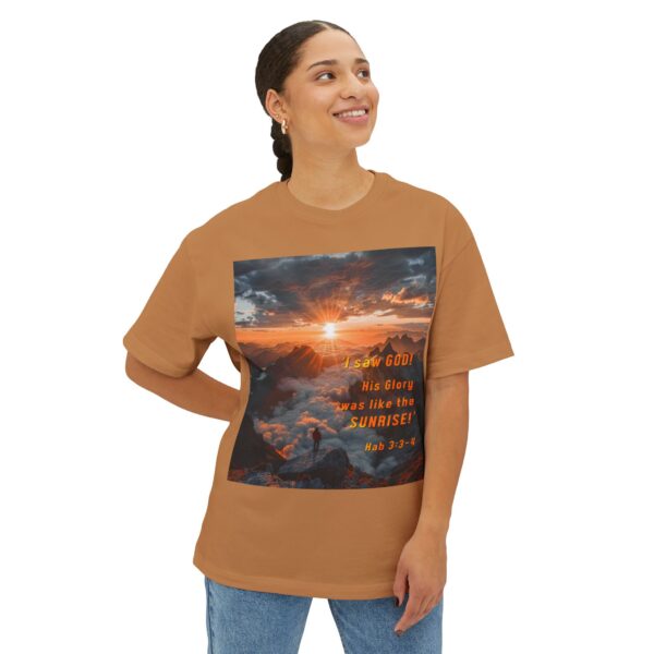 Boxy Oversized T-shirt with our inspirational "His splendor was like the sunrise" design with a quote from Habakkuk 3:3-4. Christian Faith Apparel Unisex Cotton Tee, Oversized Boxy Tshirt - Image 7