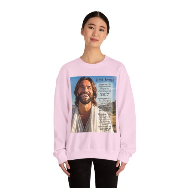 Crewneck Sweatshirt with our inspirational "Just Jesus" and Verses on Salvation Design! Vintage Inspired Faith Apparel, Gospel Fashion Unisex Heavy