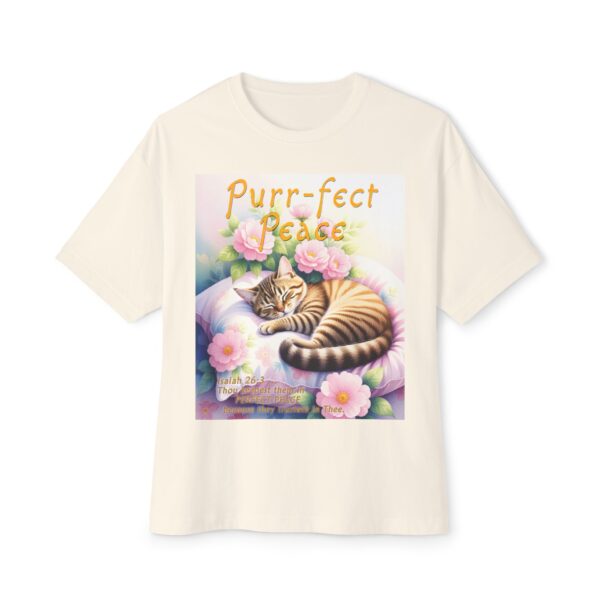 Our "Purr-fect Peace" Boxy T-Shirt with a cat in blissful sleep featuring the verse Isaiah 26:3! Inspirational Christian Faith Apparel Unisex Cotton Tee, Oversized Boxy Top T-shirt - Image 6