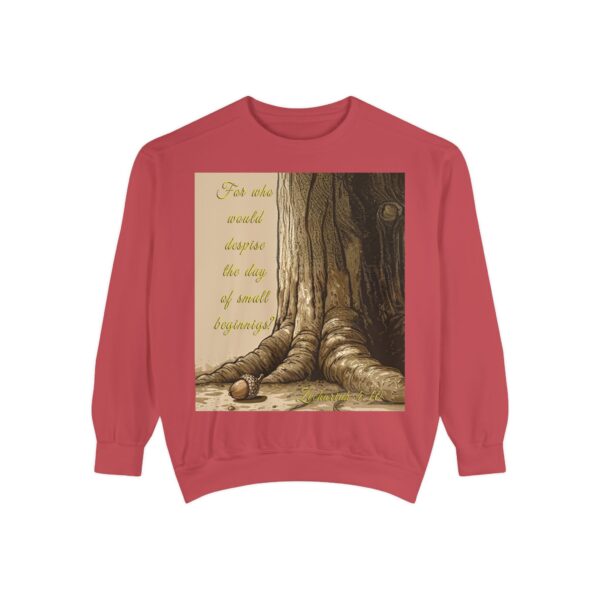 Sweatshirt Unisex with our Inspirational "Day of Small Beginnings" with thoughtful quote from Zech 4:10 and Acorn-Oak Tree design! Faith Apparel Gospel Fashion Jumper, Pullover - Image 5
