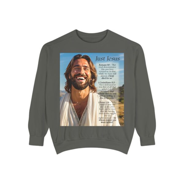 Sweatshirt Unisex with our inspirational "Just Jesus" and Verses on Salvation Design! Faith Apparel Gospel Fashion Jumper, Pullover - Image 17