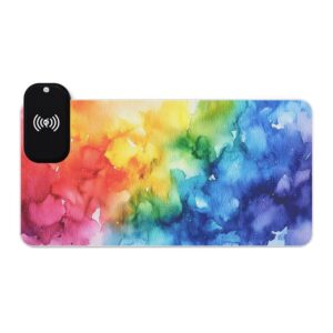 LED + Wireless Charger Gaming Mouse Pad with 'Watercolor Bliss' Design, Gaming Desk Accessory Tech Gift Home Office Gamer Essentials