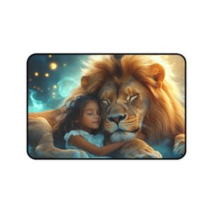 Inspirational Desk Mat 'Lucy and Lion' - Mouse Pad, Office Decor Desk Accessory, Gaming Pad, Computer Mat, Non-Slip