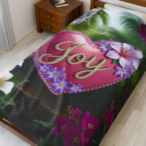 Our Beautiful "Joy" 'Pink Heart' Design Velveteen Plush Throw Blanket, Cozy Gift for Anniversary, Home Decor Bedding