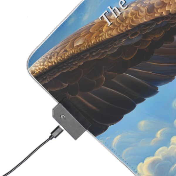 RGB LED Gaming Mouse Pad Desk Mat with our inspirational 'Soaring Eagle' and Psalm 103:5 'your youth is renewed like the eagles' design. Gamer Home Office Decor, LED Backlit - Image 5