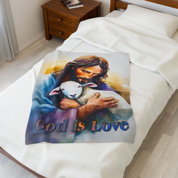 Our "God is Love" series Throw Blanket with an image of Jesus hugging a Baby Lamb! Inspirational Velveteen Plush Throw Blanket, Cozy Gift, Faith Home Decor Bedding - Image 11