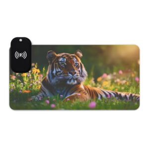 LED + Wireless Charger Gaming Mouse Pad with 'Bengal Tiger at Rest' Design, Gaming Desk Accessory, Tech Gift, Home Office Gamer Essentials