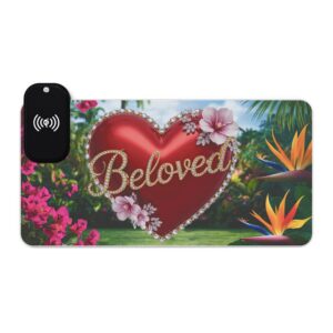 LED + Wireless Charger Gaming Mouse Pad with "Beloved" 'Solid Red Heart' Design, Gaming Desk Accessory, Tech Gift, Home Office Gamer Essentials