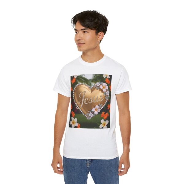 Our inspirational "Jesus" 'Diamond Ring-Solid Gold Heart' Design! on a Christian Unisex Cotton T-Shirt, Faith Spiritual Apparel, Love Gift - Image 8