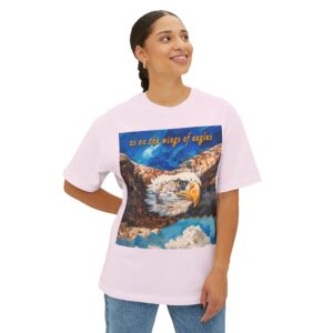 Our "as on the wings of eagles" Boxy T-Shirt with a majestic eagle in flight, Isaiah 40:31, Inspirational Christian Faith Apparel Unisex Cotton Tee, Oversized Boxy Top T-shirt