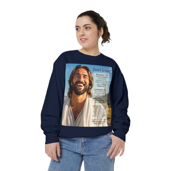 Sweatshirt Unisex with our inspirational "Just Jesus" and Verses on Salvation Design! Faith Apparel Gospel Fashion Jumper, Pullover - Image 37