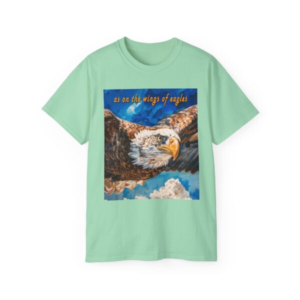 Our "as on the wings of eagles" Cotton T-Shirt with a majestic eagle in flight. Vintage Christian Faith Apparel Unisex Cotton T-Shirt, Thoughtful Quote from Isaiah 40:31! - Image 30