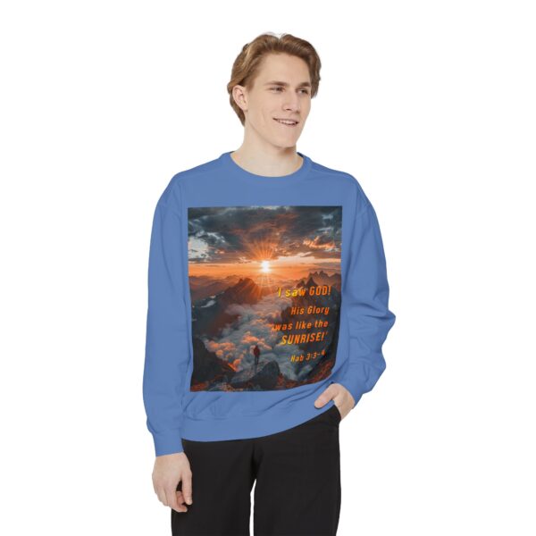 Sweatshirt Unisex our inspirational "His splendor was like the sunrise" design with a quote from Habakkuk 3:3-4! Faith Apparel Gospel Fashion Jumper, Pullover - Image 32