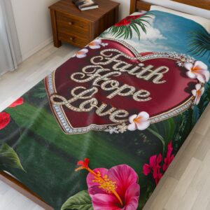 Our Beautiful "Faith Hope Love" 'Solid Red Heart' Design Velveteen Plush Throw Blanket, Cozy Gift for Anniversary, Home Decor Bedding