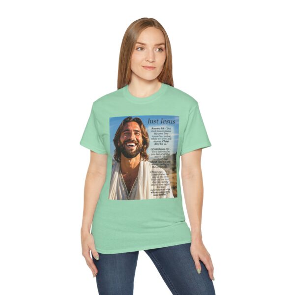 Our inspirational "Just Jesus" and Verses on Salvation Design on a Christian Unisex Cotton T-Shirt, Faith Spiritual Apparel, Love Gift - Image 14