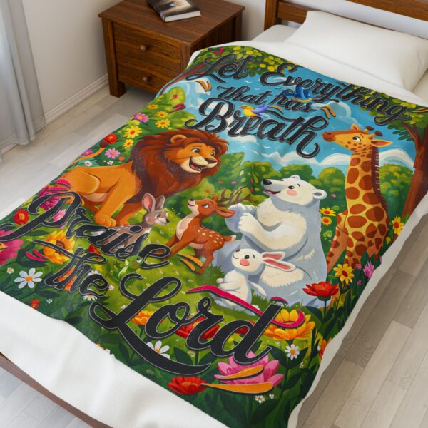 Our inspirational "Let Everything that has Breath Praise the Lord!" Velveteen Plush Throw Blanket Design! A Cozy Gift for Anniversary, Wedding Faith Home Decor Bedding - Image 7