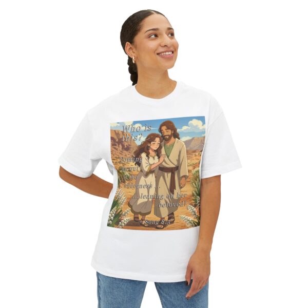 Our inspirational "Who is this?" from Song of Solomon 8:5, ANIME style design Boxy T-Shirt, Inspirational Christian Faith Apparel Unisex Cotton Tee, Oversized Boxy Top T-shirt - Image 4