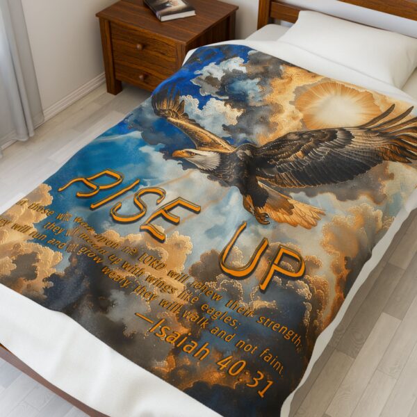 Our beautiful "Rise Up" soaring eagle 'as on wings like eagles' from Isaiah 40:31 Inspirational Velveteen Plush Throw Blanket A Cozy Gift for Anniversary, Wedding Faith Home Decor Bedding - Image 7