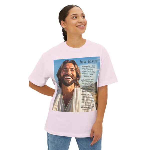 Our inspirational "Just Jesus" and Verses on Salvation Design on a Unisex Oversized Box Tshirt, Religious Graphic Top, Bible Verse Apparel - Image 4