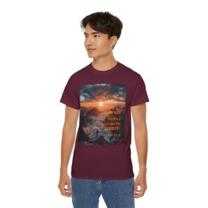 Cotton T-shirt with our inspirational "His splendor was like the sunrise" design with a quote from Habakkuk 3:3-4. Vintage Christian Faith Apparel Unisex Cotton T-Shirt, Thoughtful Quote