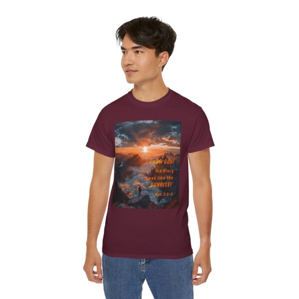 Cotton T-shirt with our inspirational "His splendor was like the sunrise" design with a quote from Habakkuk 3:3-4. Vintage Christian Faith Apparel Unisex Cotton T-Shirt, Thoughtful Quote