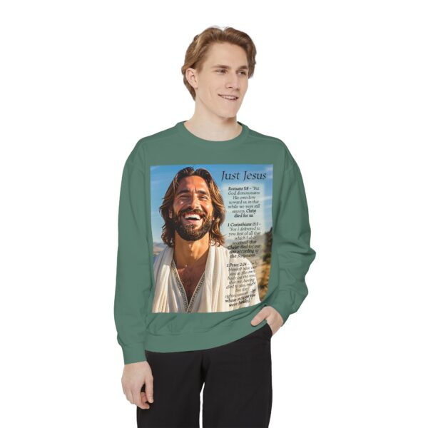 Sweatshirt Unisex with our inspirational "Just Jesus" and Verses on Salvation Design! Faith Apparel Gospel Fashion Jumper, Pullover - Image 4
