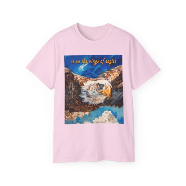 Our "as on the wings of eagles" Cotton T-Shirt with a majestic eagle in flight. Vintage Christian Faith Apparel Unisex Cotton T-Shirt, Thoughtful Quote from Isaiah 40:31! - Image 2