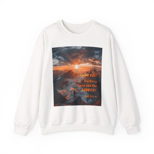 Crewneck Sweatshirt-with our inspirational "His splendor was like the sunrise" design with a quote from Habakkuk 3:3-4!Vintage Inspired Faith Apparel, Gospel Fashion Unisex Heavy - Image 4