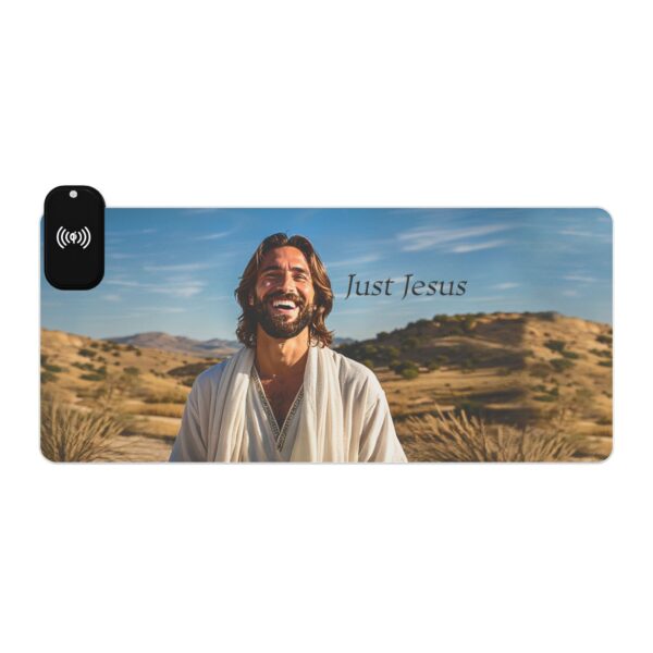LED + Wireless Charger Gaming Mouse Pad with our inspirational "Just Jesus" Design, Gaming Desk Accessory, Tech Gift, Home Office Gamer Essentials - Image 4