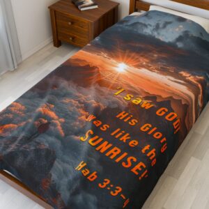 Our "God's Radiance was like the Sunrise" inspirational design with Hab 3:3-4, Velveteen Plush Throw Blanket. A Cozy Gift or Faith Home Decor Bedding