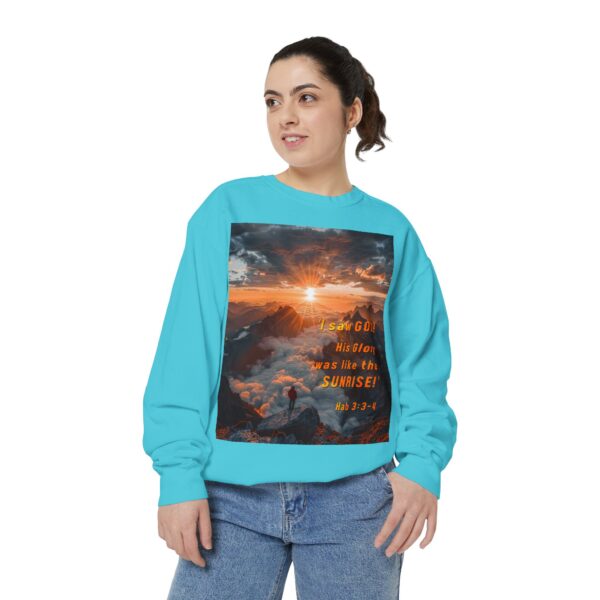 Sweatshirt Unisex our inspirational "His splendor was like the sunrise" design with a quote from Habakkuk 3:3-4! Faith Apparel Gospel Fashion Jumper, Pullover - Image 27