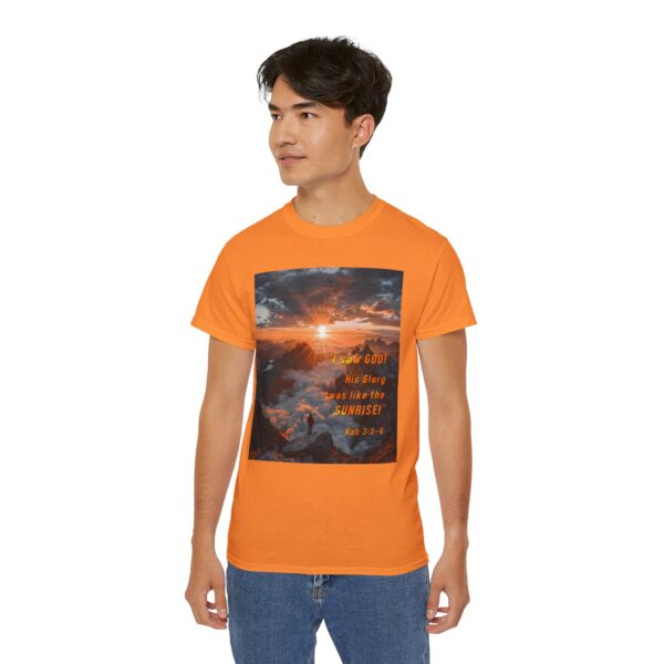 Cotton T-shirt with our inspirational "His splendor was like the sunrise" design with a quote from Habakkuk 3:3-4. Vintage Christian Faith Apparel Unisex Cotton T-Shirt, Thoughtful Quote - Image 10