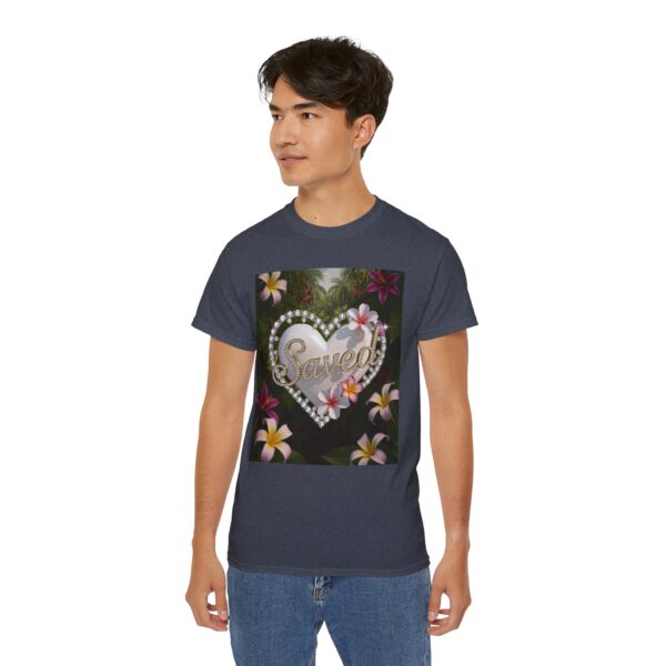 Our inspirational "Saved" 'Pure White Heart' Design! on a Christian Unisex Cotton T-Shirt, Faith Spiritual Apparel, Love Gift - Image 24