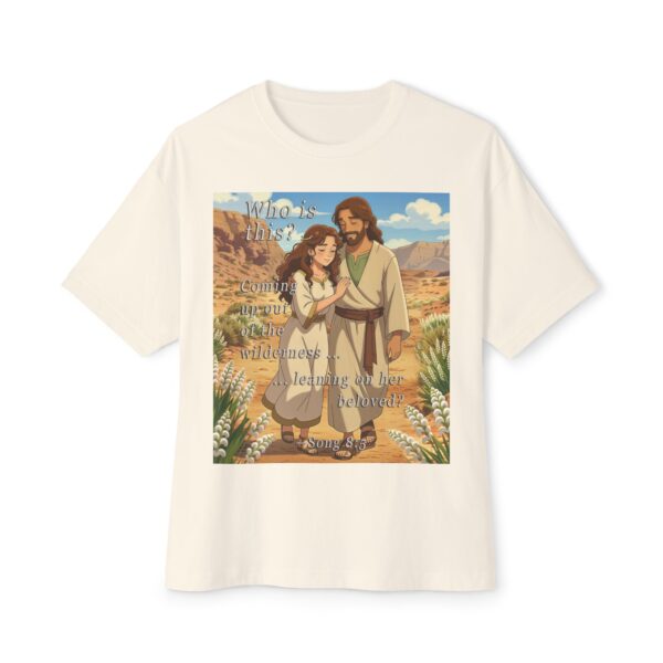 Our inspirational "Who is this?" from Song of Solomon 8:5, ANIME style design Boxy T-Shirt, Inspirational Christian Faith Apparel Unisex Cotton Tee, Oversized Boxy Top T-shirt - Image 6