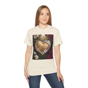 Our inspirational "Jesus" 'Solid Gold Heart' Design! on a Christian Unisex Cotton T-Shirt, Faith Spiritual Apparel, Love Gift