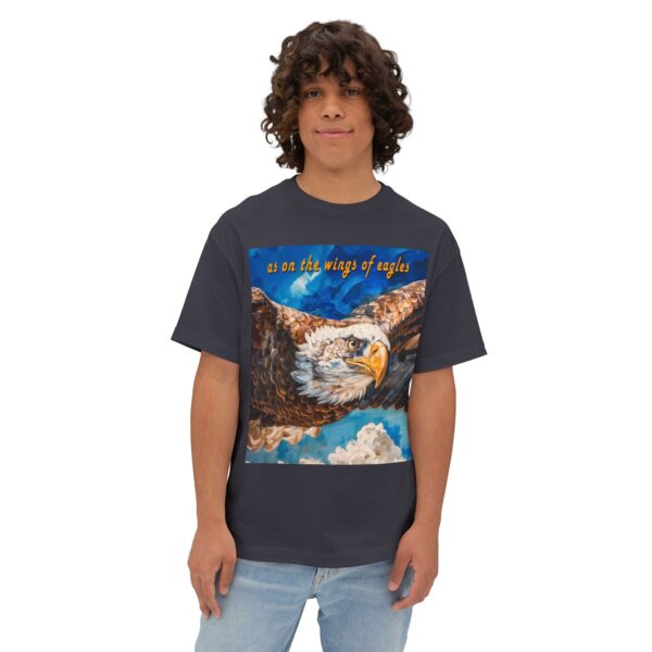 Our "as on the wings of eagles" Boxy T-Shirt with a majestic eagle in flight, Isaiah 40:31, Inspirational Christian Faith Apparel Unisex Cotton Tee, Oversized Boxy Top T-shirt - Image 8