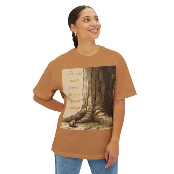 Our inspirational 'Day of Small Beginnings' with thoughtful quote from Zech 4:10 and Acorn-Oak Tree design Boxy T-Shirt, Inspirational Christian Faith Apparel Unisex Cotton Tee, Oversized Boxy Tshirt - Image 7