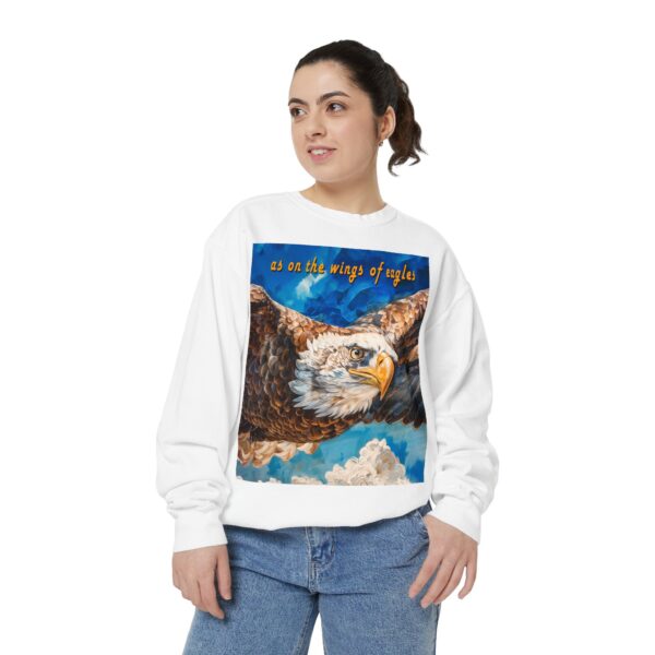 Our "as on the wings of eagles" Sweatshirt with a majestic eagle in flight. Vintage Christian Faith Apparel, Thoughtful Quote from Isaiah 40:31! Unisex Jumper, Pullover - Image 3