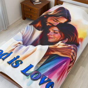 Our "God is Love" series Throw Blanket with an image of Jesus hugging a Young Lady! Inspirational Velveteen Plush Throw Blanket A Cozy Gift for Anniversary, Wedding Faith Home Decor Bedding