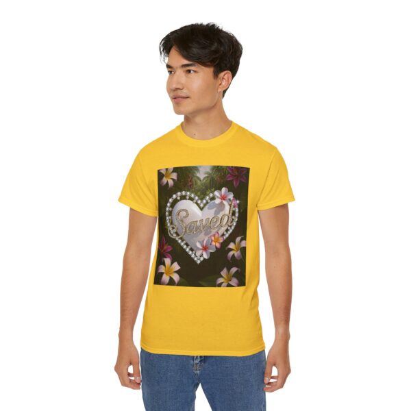 Our inspirational "Saved" 'Pure White Heart' Design! on a Christian Unisex Cotton T-Shirt, Faith Spiritual Apparel, Love Gift - Image 14