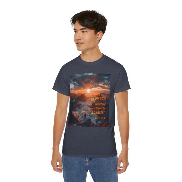 Cotton T-shirt with our inspirational "His splendor was like the sunrise" design with a quote from Habakkuk 3:3-4. Vintage Christian Faith Apparel Unisex Cotton T-Shirt, Thoughtful Quote - Image 25