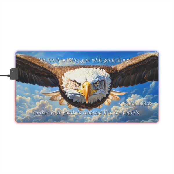 RGB LED Gaming Mouse Pad Desk Mat with our inspirational 'Soaring Eagle' and Psalm 103:5 'your youth is renewed like the eagles' design. Gamer Home Office Decor, LED Backlit