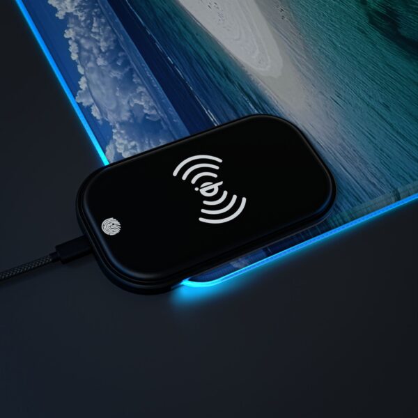 LED + wireless Charging Mouse Pad, Desk Mat, "Five Palm Island" Design, Tech Gift, Home Office Essentials Inspirational - Image 6